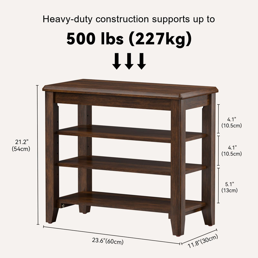 Shoe Bench with 3 Tier Adjustable Shelves Rubberwood Entryway 23.6''