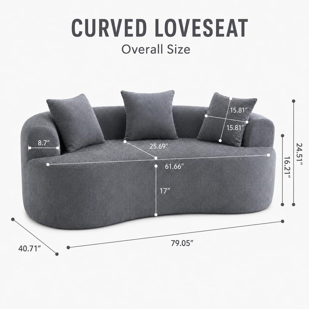 Curved Loveseat for Small Spaces, Curved Couches, Compression in a Box with 3 Pillows, Small Couch with Armrest