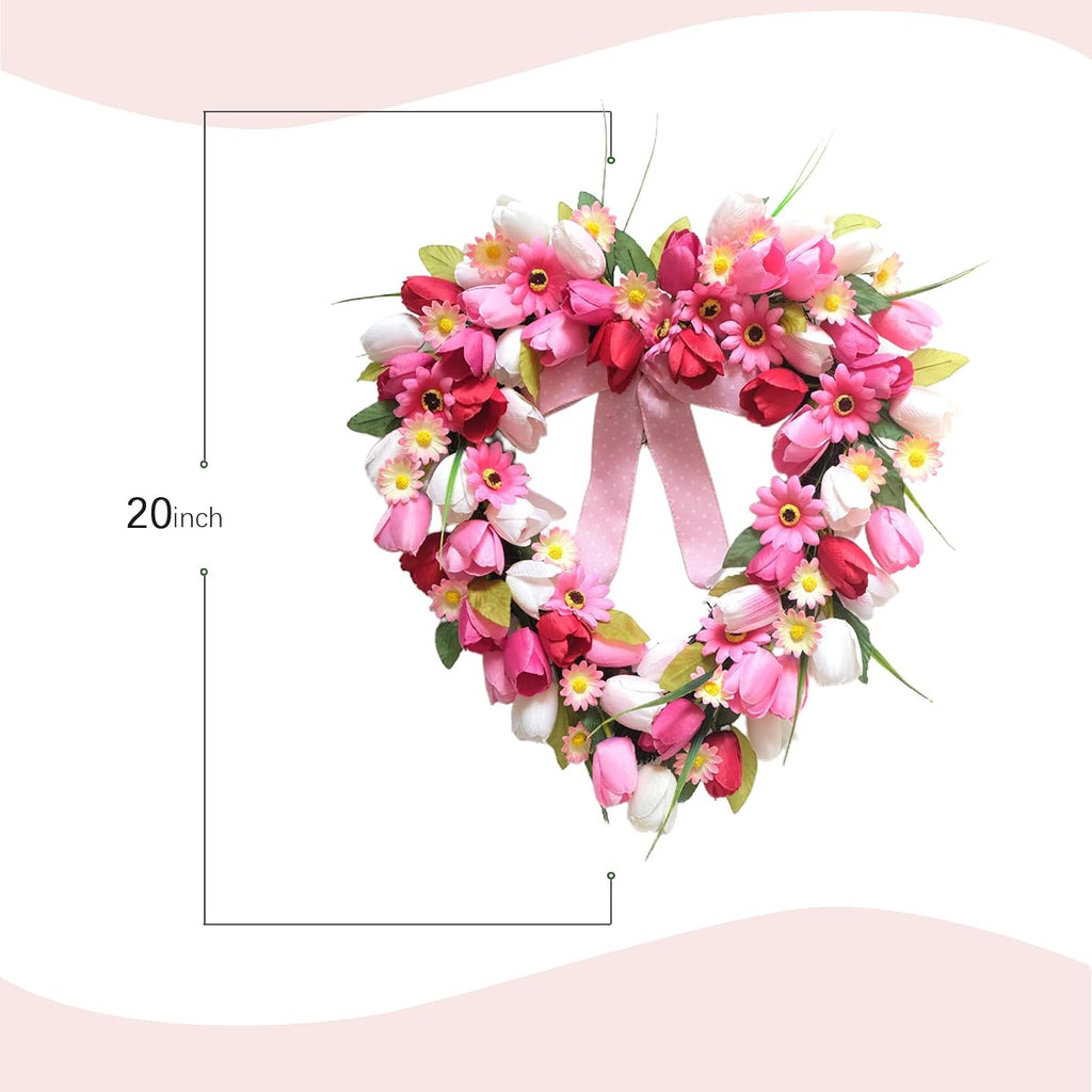Valentine's Day Heart Shaped Tulip Wreath, 20 Inch Pink White Tulip Floral Wreath for Front Door, Artificial Flower