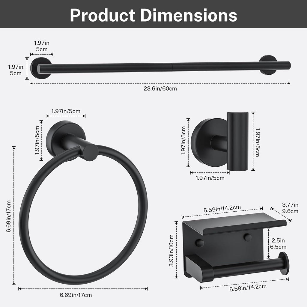 Matte Black Towel Bar Set 5 Pieces Bathroom Hardware Accessories Set Round Towel Holder Set Upgraded Toilet Paper