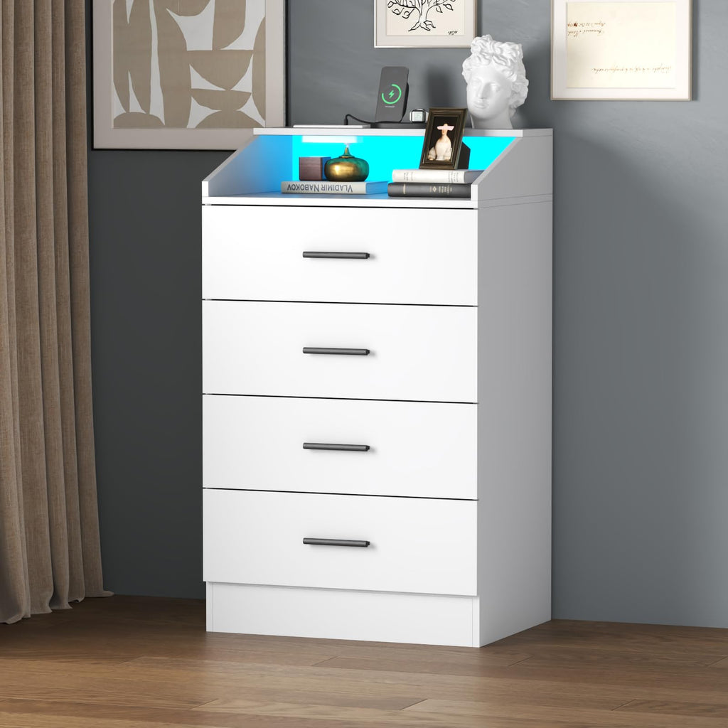 4 Drawer Dresser with LED, Modern Dresser with Power Outlet