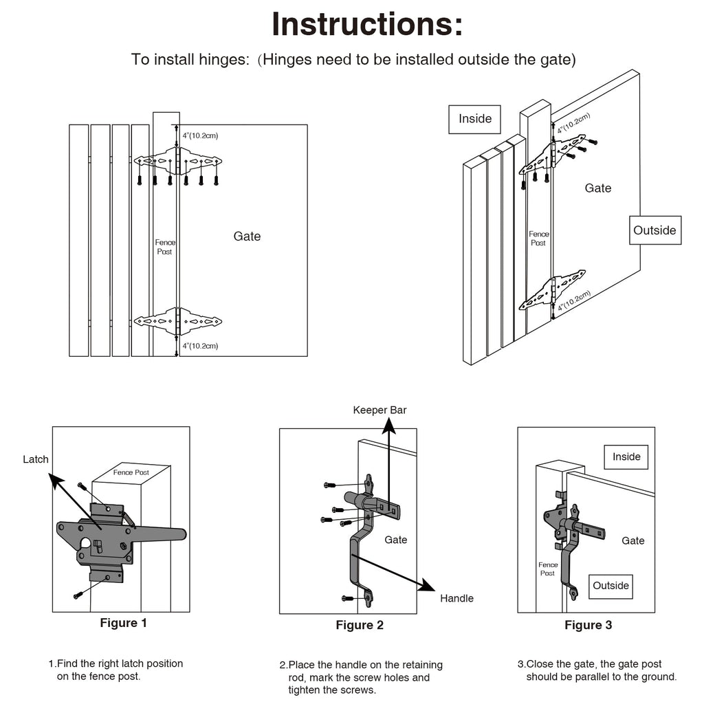 Fence Gate Hardware Kit, 8" Heavy Duty Strap Hinges and Spring Latch, Black