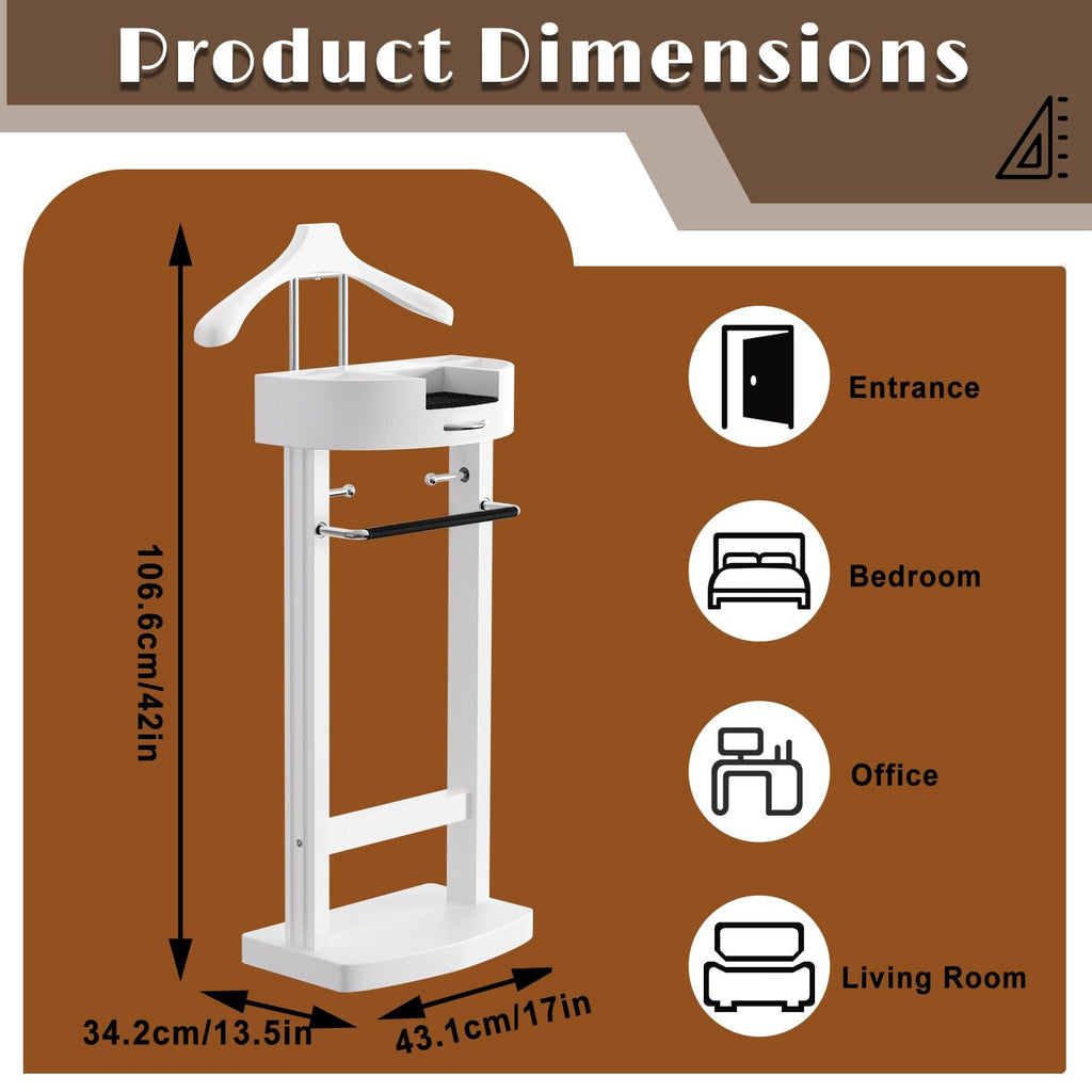 Wood Valet Stand with Tray, Clothes Valet Stand for Men, Suit Valet Stand with Sturdy Base, 17x13.4x41.96in