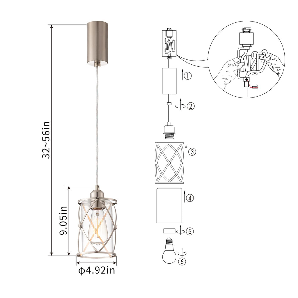 H-Type Brushed Nickel Track Lighting Pendant with Dotted Cage Clear Glass, Adjustable Hanging Light, E26 Socket, Pack