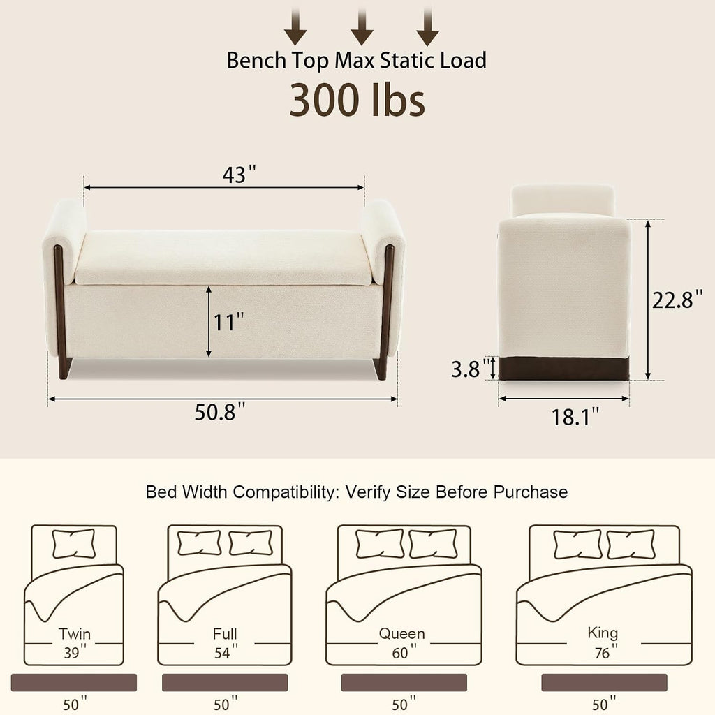 50.8 inch Storage Ottoman Bench with Armrests, Hidden Storage, Beige | End of Bed Bench, Bedroom Storage Bench