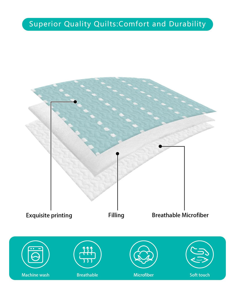 Ticking Quilt Set 3 Pieces Quilted Bedspread- Soft, Light Airy Mint Blue Lightweight Quilt with 2 Pillow