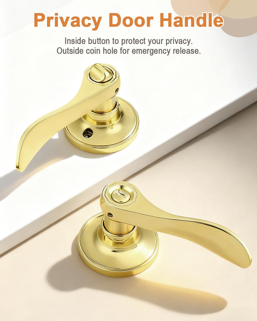 Door Handles Interior Polished Brass Privacy Door Handle Lock, Bedroom Bathroom Wave Door Lever, 2 Pack