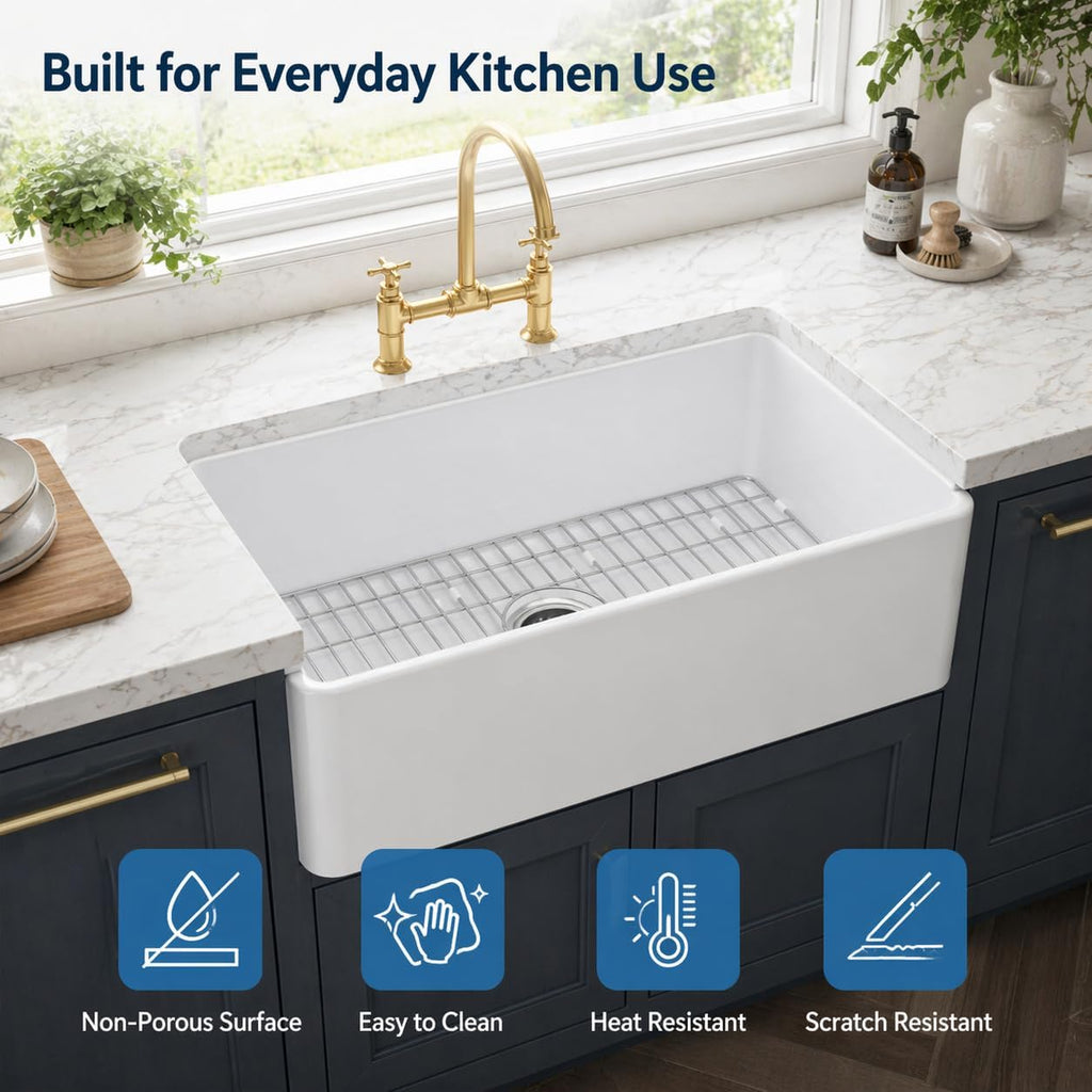 Farmhouse Kitchen Sink 36"x18"x10", Large Deep White Fireclay Single Bowl, Apron Front, Durable & Easy-Clean Ceramic