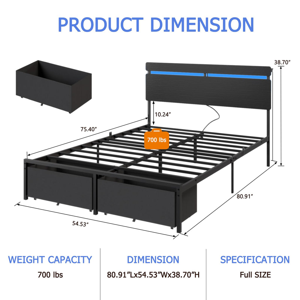 Full Size Bed Frame with Wood Headboard, 2 Storage Drawers & Shelf