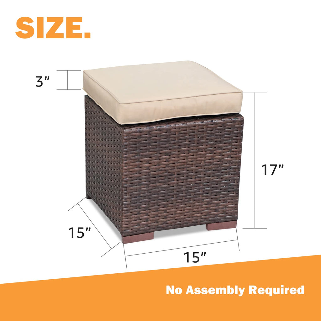2 Pieces Assembled Outdoor Patio Ottoman, Dark Brown Wicker, Beige