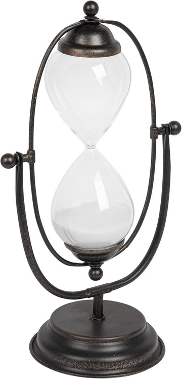 Decorative Rust Color Metal Hourglass with White Sand, Clear Glass and Black