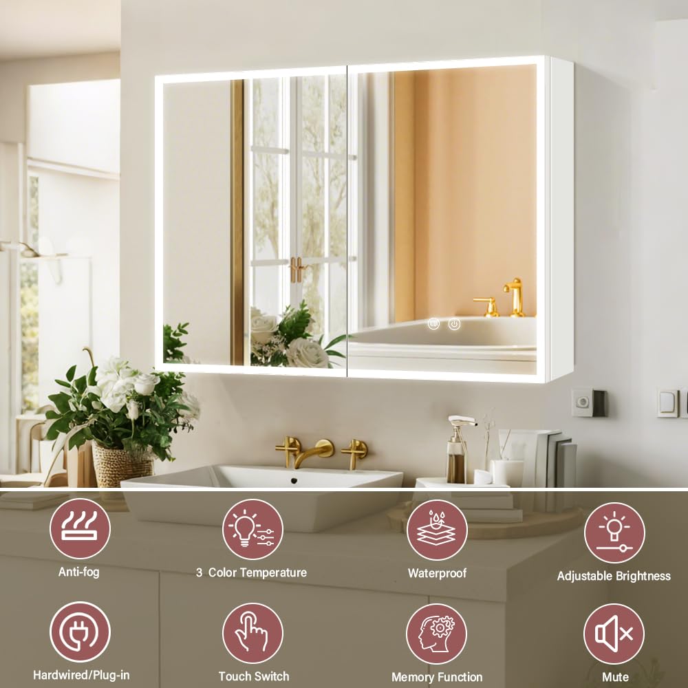 White LED Mirror Medicine Cabinets, Surface Mounted 32 x 24 Inch Bathroom Mirror Cabinet with Lights 3 Colors