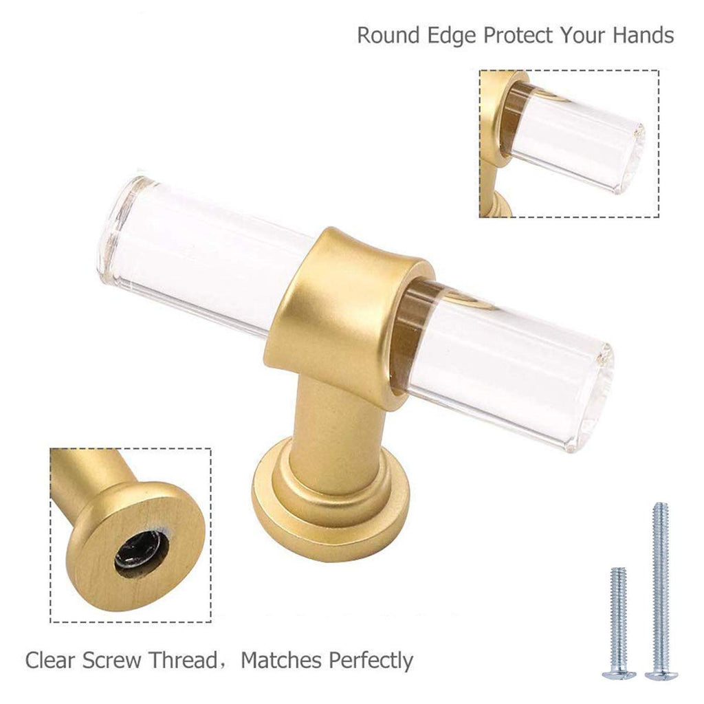 Acrylic Drawer Knobs, Kitchen Cabinet Handles Gold 10 Pack, Dresser Drawer Pull Brushed Brass Cabinet Hardware T Bar