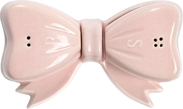 3-Piece Bow Shaped Salt and Pepper Shaker Set, Iconic Ceramic Stoneware With Matching Tray, Pink