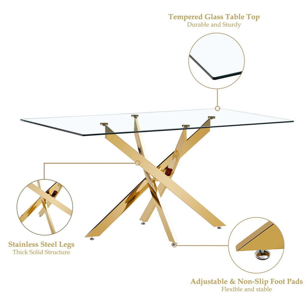 63" Glass Dining Table for 4-6, Contemporary Rectangular Dining Room Table with Tempered Glass Top & Gold Finish