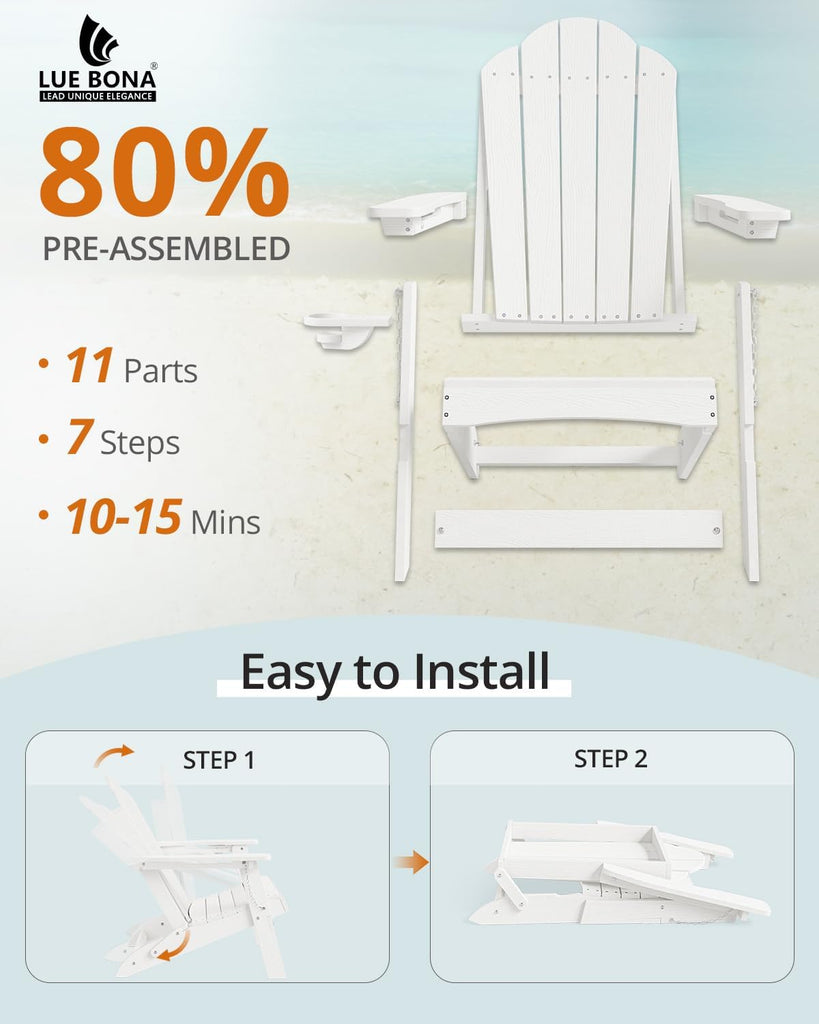 HDPE Folding Adirondack Chair, Cup Holder, Set of 2, White | HDPE poly lumber, folable, all-weather resistant, Low