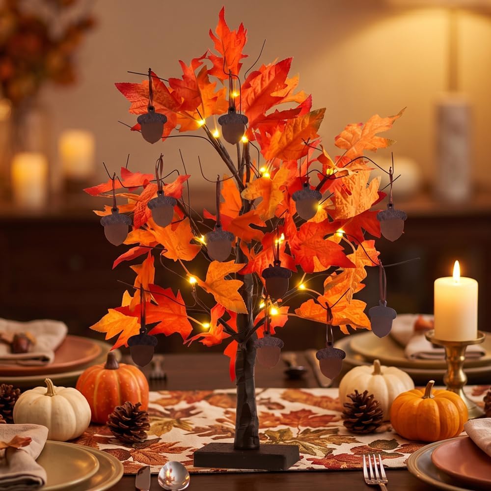 Fall Decorations, Thanksgiving Decorations, 24"/2FT Lighted Fall Maple Leaves Tree with 24 LEDs for Autumn Decor, 12