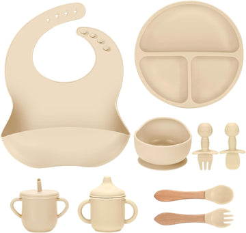 Feeding Set 9 Pcs, Spill-Proof Suction Plate, Bowl, Bib, Silicone spoon&forks, Wooden Spoons&forks, Training cup