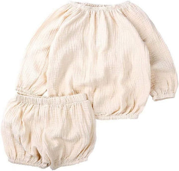 Toddler Cotton Linen Clothes Sets Baby Boy Girls Long Sleeve Tops Shirts + Bloomer Shorts 2Pcs Outfit