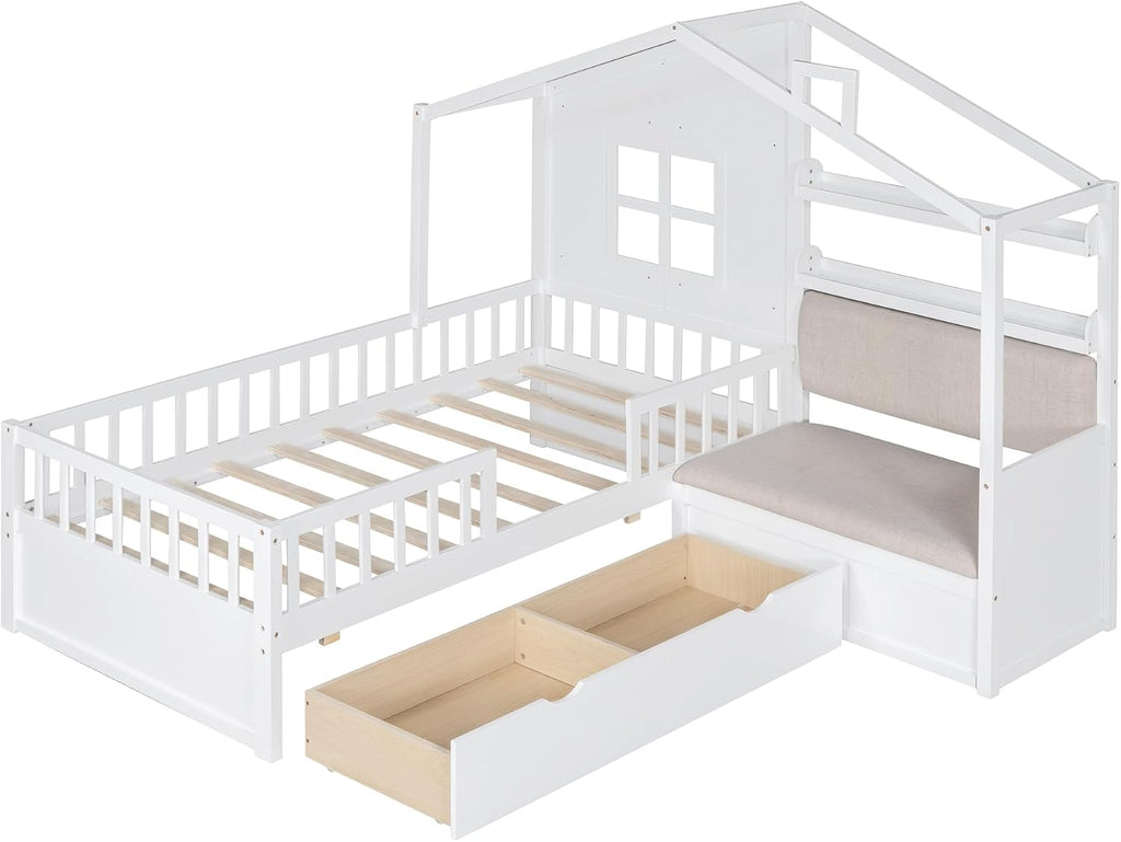 Kids Tw Bed Frame with Upholstered Sofa and 2 Drawers, Wood Montessori Bed with Storage Shelves and Tall Rails, L