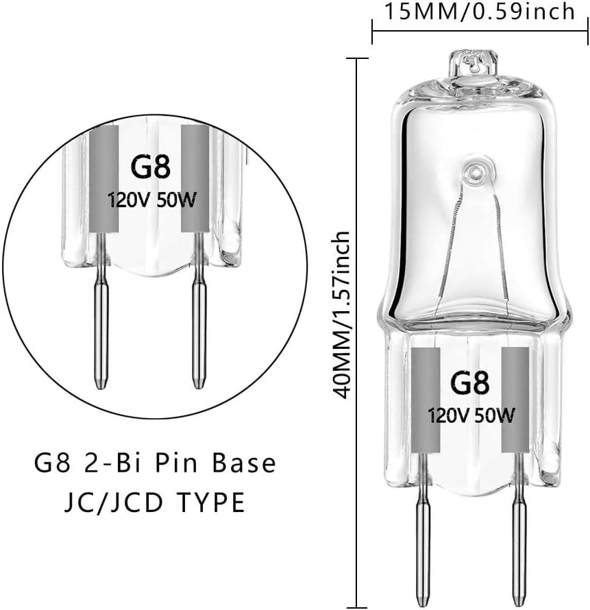 G8 Light Bulbs 50W 120V Halogen Light Bulb G8 Base Bi-Pin 50W T4 JCD Warm White, Microwave Oven Replacements, Candle