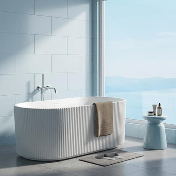 67 Inch Acrylic Freestanding Bathtub with Textured Stripes, Deep Soak Tub, Space-Saving, Glossy Surface, Luxury Spa