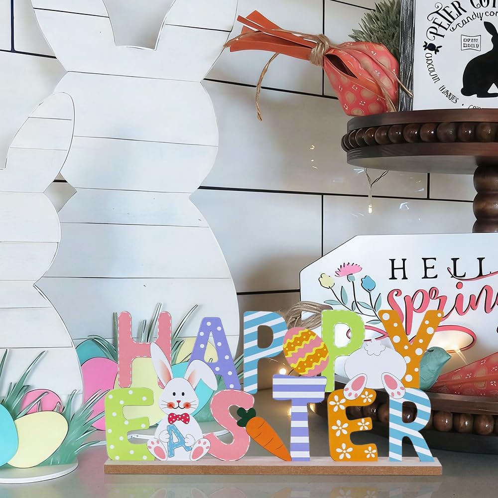 Easter Decorations, Wood Metal Happy Easter Sign for Table Decor, Farmhouse Rustic Easter Bunny Decorations, Mantel