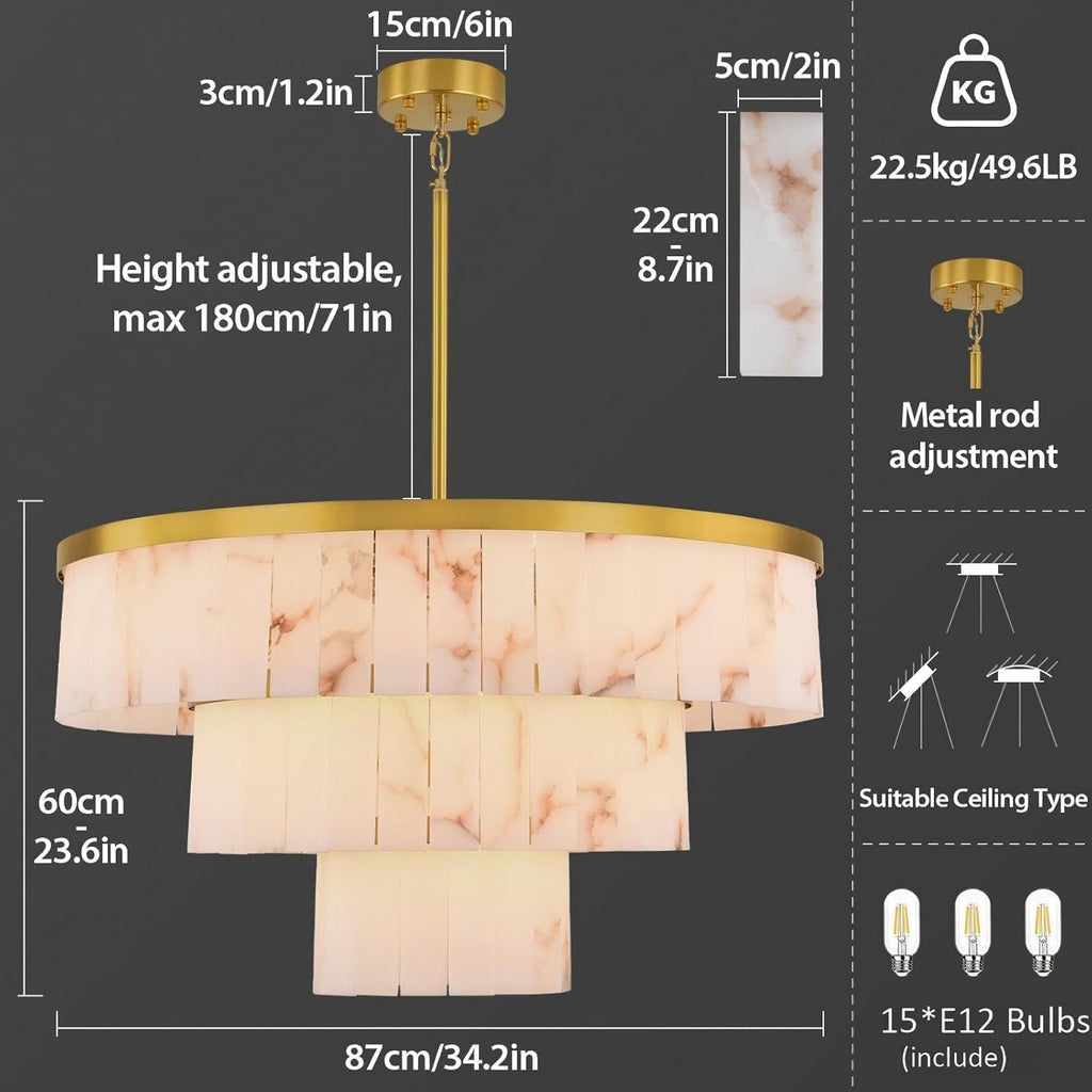D34in Alabaster Round Chandelier, 3 Tiers Modern Marble Dining Room Chandeliers, Spanish Natural Alabaster Chandeliers, Alabaster Pendant Light Fixture, for Bedroom Entryway Foyer, Living Room A125-B0FCS3ZTLN