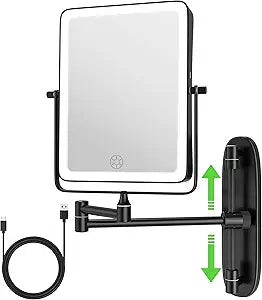 Wall Mounted Lighted Makeup Mirror, Rectangle Double Sided 1X/10X Magnifying Bathroom Height Adjustable Mirror, 6000Mah