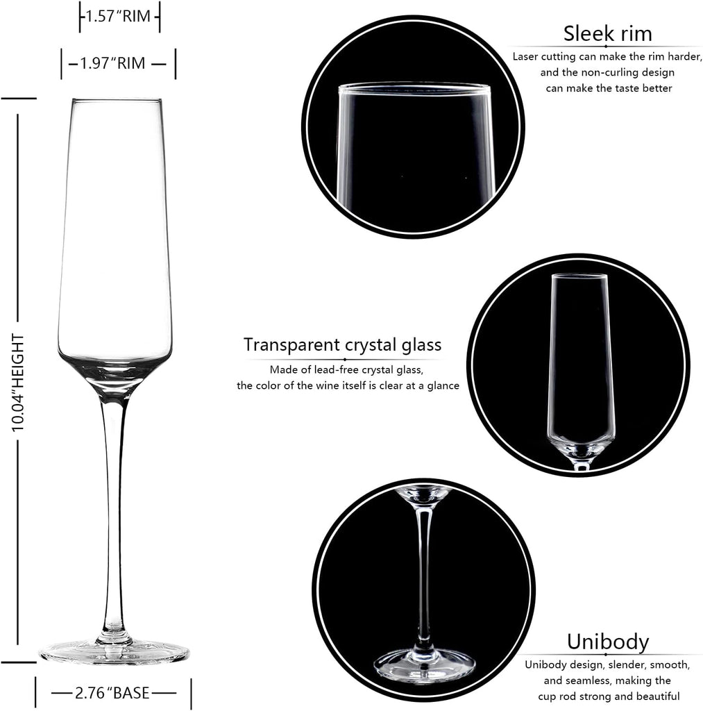 Champagne Flutes - Hand Blown Elegant Champagne Glasses Set of 6 - Unique Gift for Father's Day, Birthday, Wedding