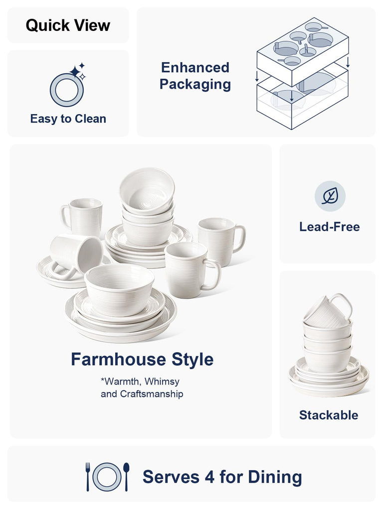 Ceramic Dinnerware Set for 4, 16-Piece with Cups, White