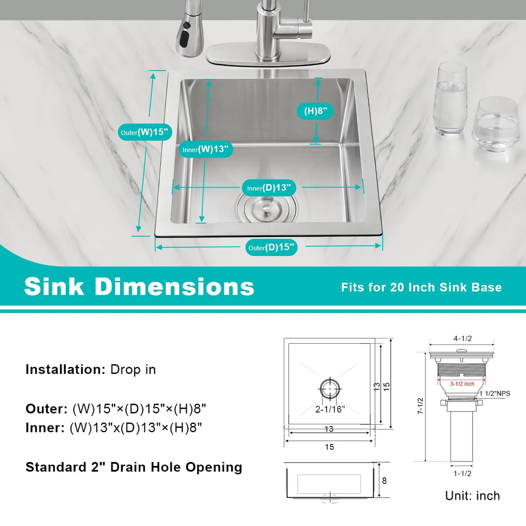 15 x 15 Inch Undermount Kitchen Sink 18 Gauge 304 Stainless Steel