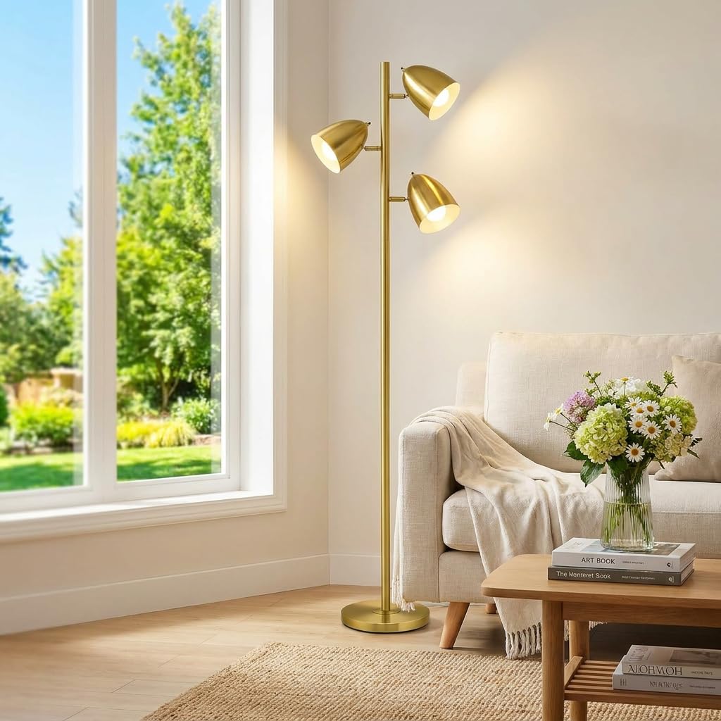 65-Inch Gold 3-Light Tree Floor Lamp with Adjustable Metal Heads