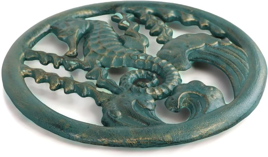 Cast Iron Trivet for Hot Pots, Heavy Duty Heat Resistant Pot Holder, Seahorse Seagrass Decorative Kitchen Accessory