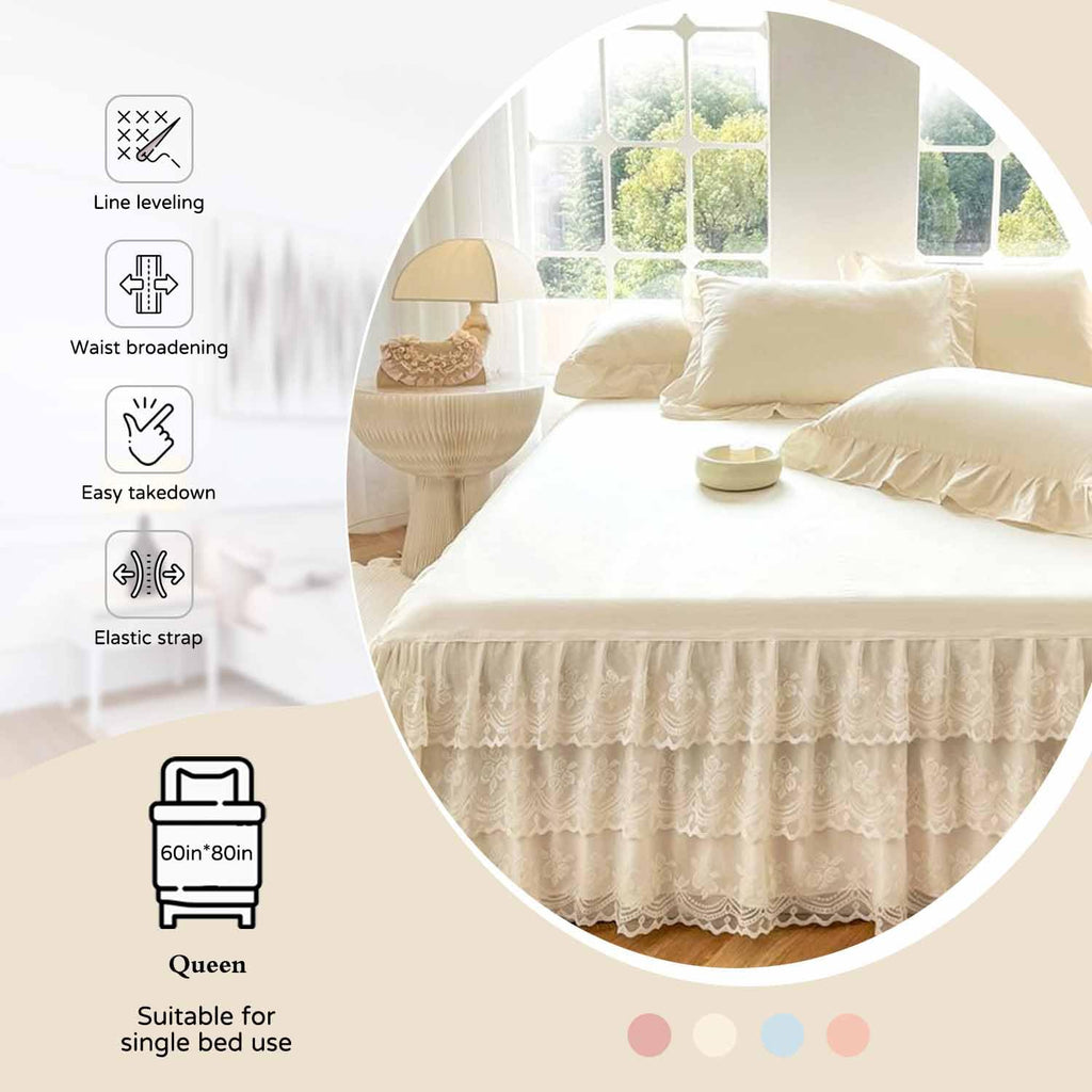 Three Layers Lace Bed Sheet Skirt for Bed - 17in. Drop, Ruffle Bed Skirt Wrap Around Bed Skirt, Anti Wrinkle