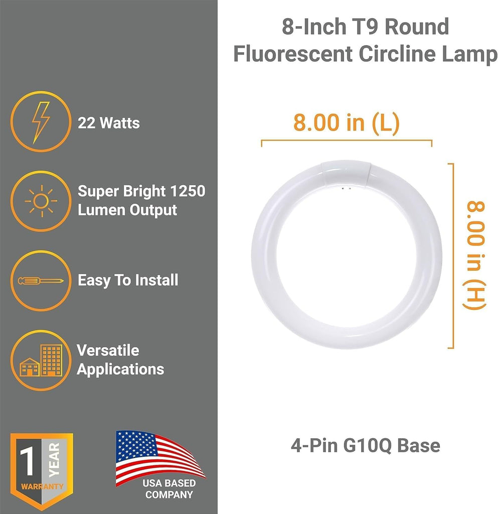 8 Inch Fluorescent Circular Light Bulb 22W 1250 Lumens 3000K Soft White G10Q 4-Pin Base Round Circline
