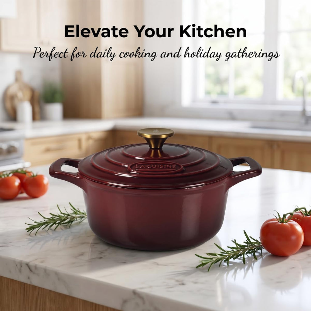 Enameled Cast Iron Dutch Oven Casserole Pot with Golden handle for Lid, Internal Matte Black Enamel Coating, 5 QT