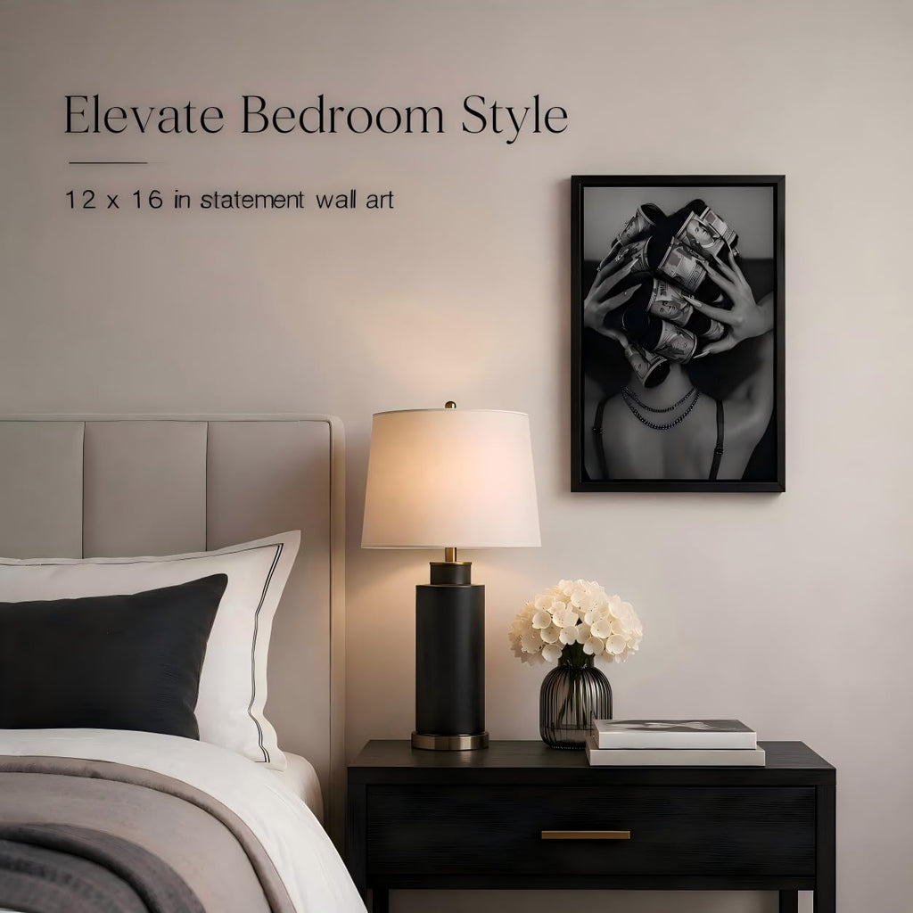 Framed Black and White Fashion Canvas Wall Art Luxury Feminist Picture Wall Decor Trendy Woman with Money on Head