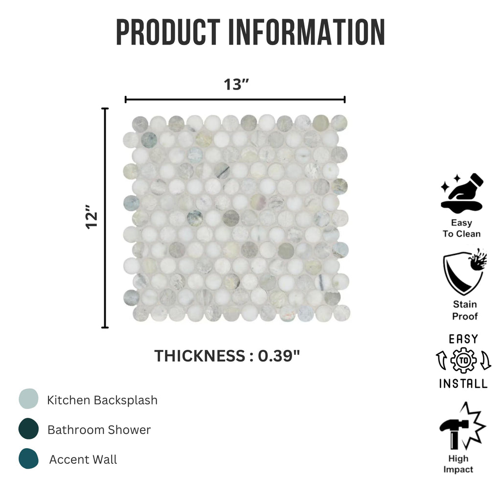 Aurora Pearl Round Marble Mosaic Tile - Polished Natural Stone Sheet Backsplash, and Shower Accent (1 Sheet)