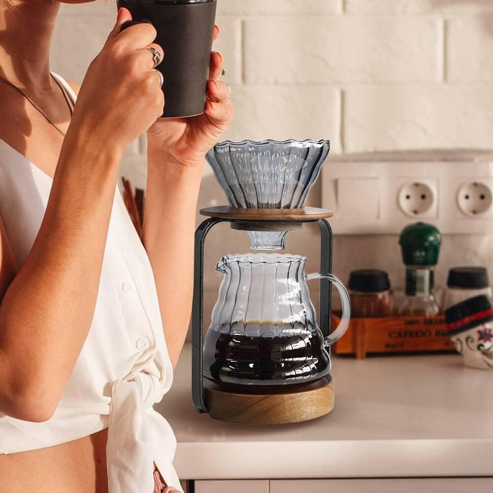 Pour Over Coffee Station Dripper Stand Coffee Filter Wooden Filter Holder Glass Server with Paper Coffee Filters