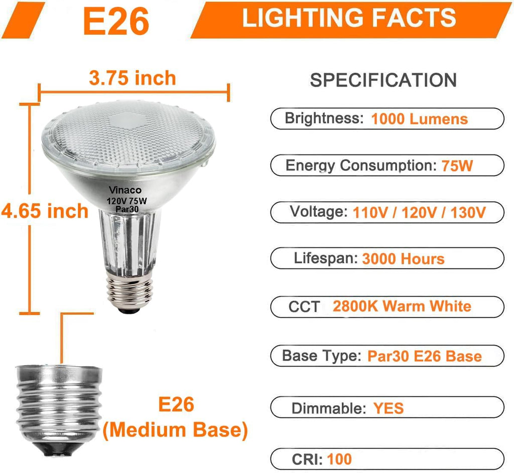 Halogen PAR30 Long Neck Flood Bulb Dimmable 75W 750LM 120V E26 6pcs