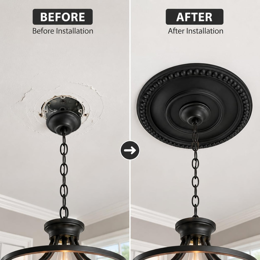 12 Inch OD x 4inch ID Black Ceiling Medallion Plate - PU Plastic Decorative Cover for Fan, Light Fixtures, Chandelier
