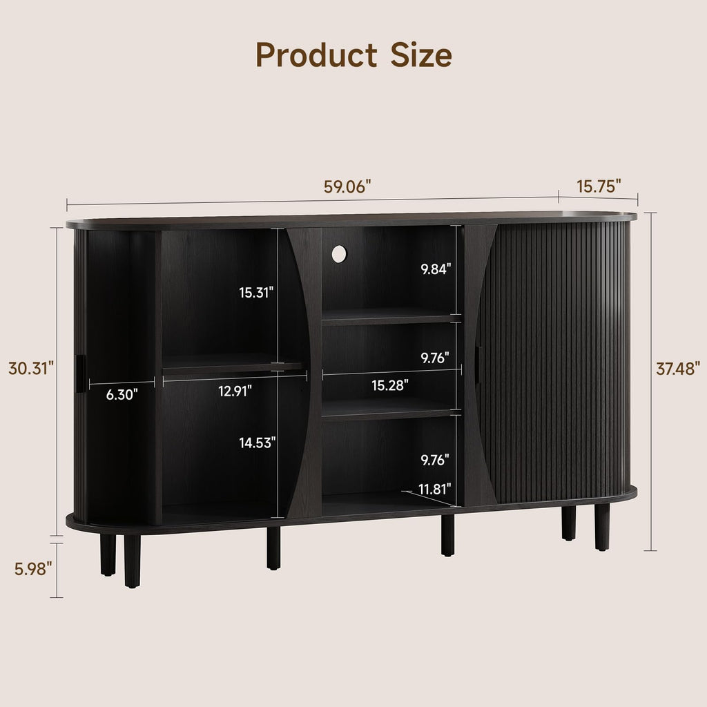 59" Curved Sideboard Cabinet with Storage Adjustable Shelf Black