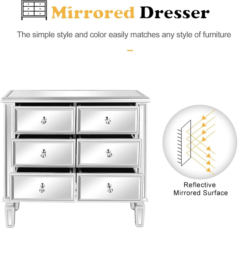 Mirrored Dresser with 6 Storage Drawer Modern Chest of Drawers, Silver, 32"L x 12"W x 28"H