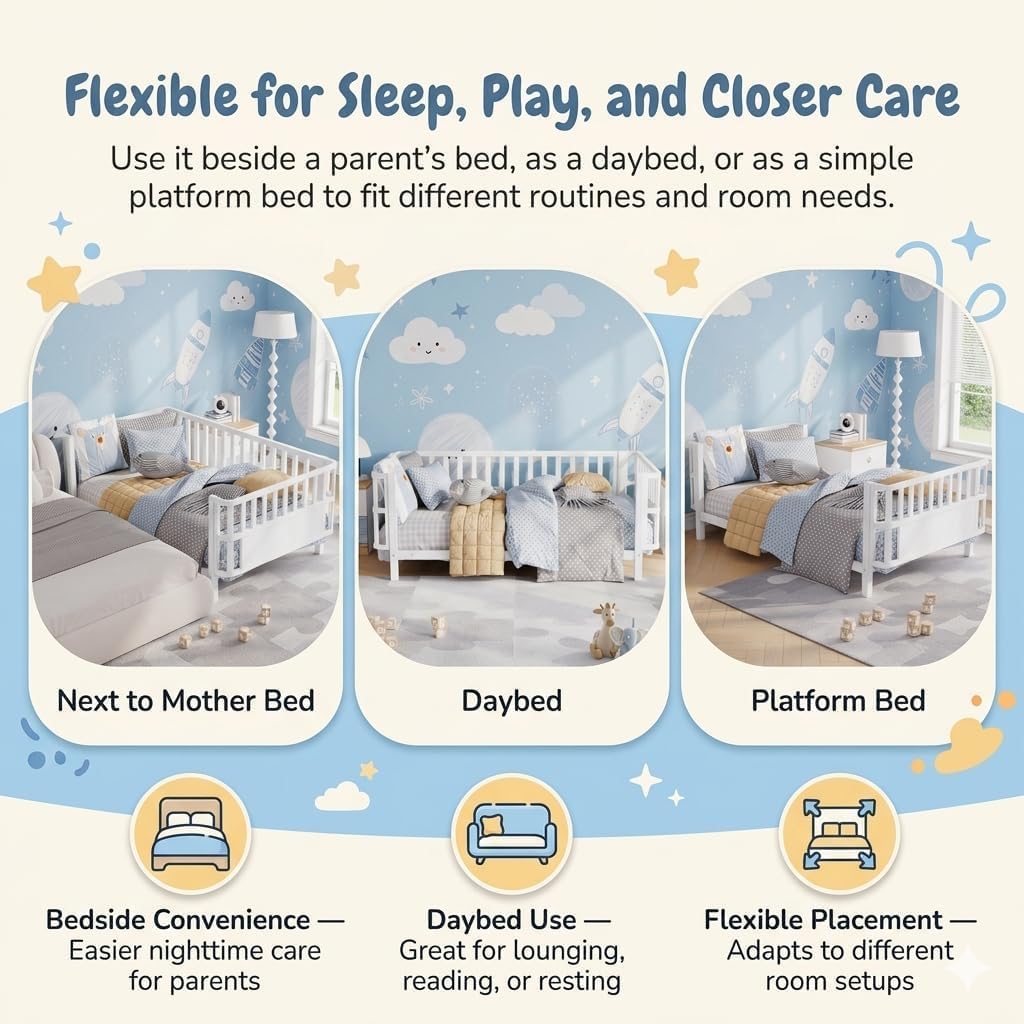 Kids Bed Frame with Rails, Low Profile Montessori-Style Metal Bed for Boys Girls Teens, Removable Side Rail, 3-Sided