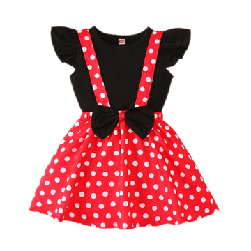 Baby Girls Skirts Set Ruffle Cloth +Polka Dot Overall Dress Bow Polka Dot Skirt Set, Short Sleeve, Black