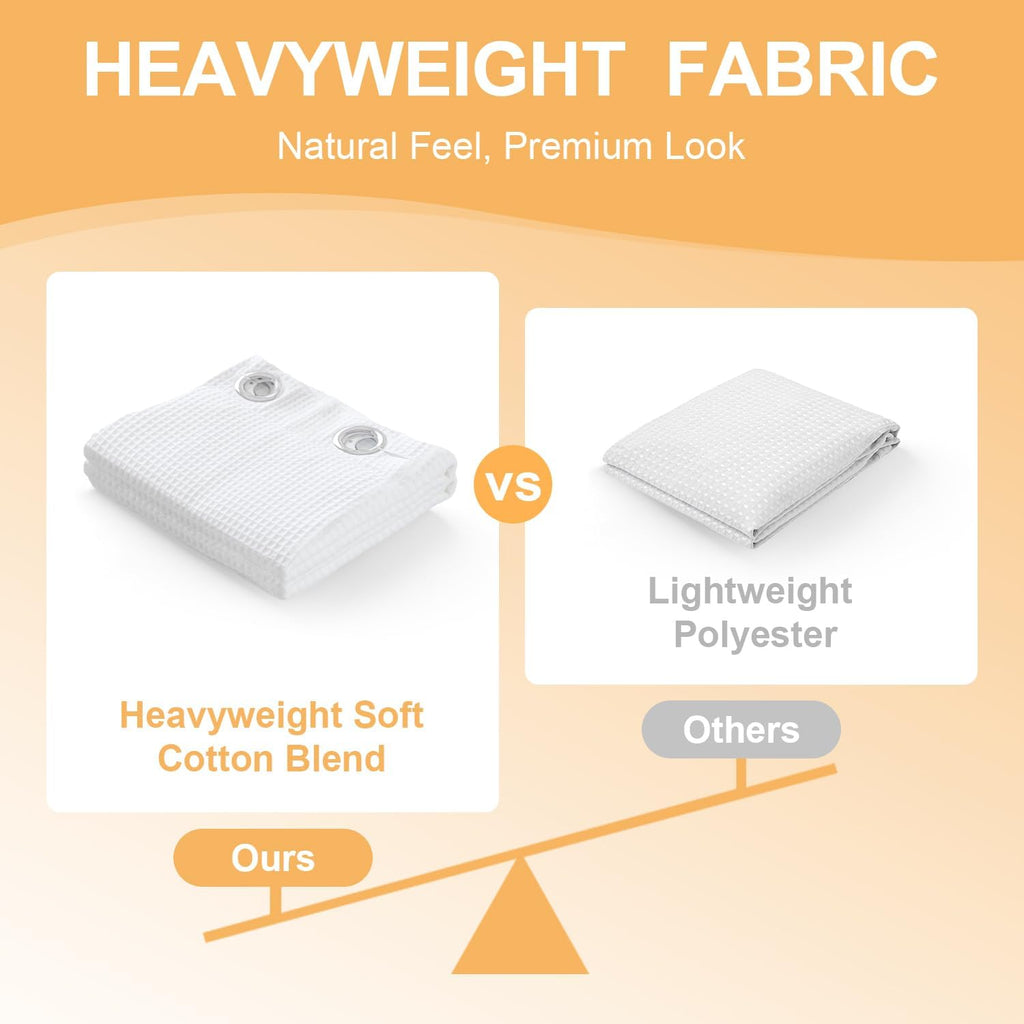 Cotton Blend No Hook Shower Curtain with Liner, White, 71Wx74L | with Snap in Liner, Heavyweight Waffle Fabric, Hotel