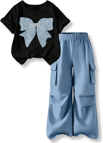 Clothes 2 Piece Cute Butterfly Print T-Shirt Tops & Cargo Pants Spring Summer Outfits Teen Tween Girls