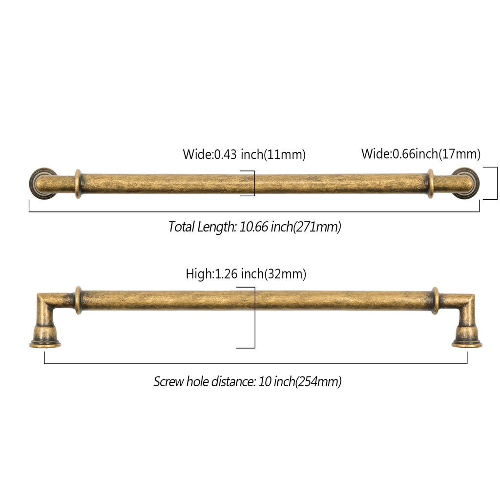 2 Pack 10 Inch(254mm) Brushed Antique Brass Cabinet Pulls Heavy-Duty Solid Kitchen Cabinet Handles Vintage Aged Brass