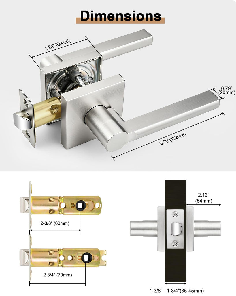 Interior Passage Door Handle, 2 Pack Brushed Nickel Square Non-Locking Lever, Heavy Duty Reversible for Closet and